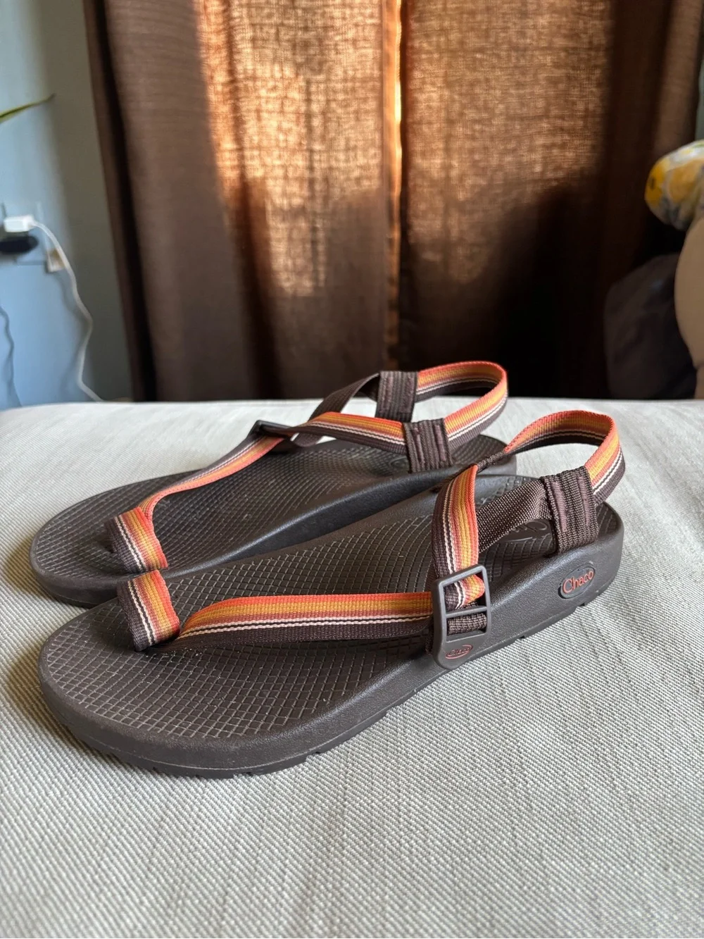 Chaco Women's Brown Sandals with Orange and Pink Stripes